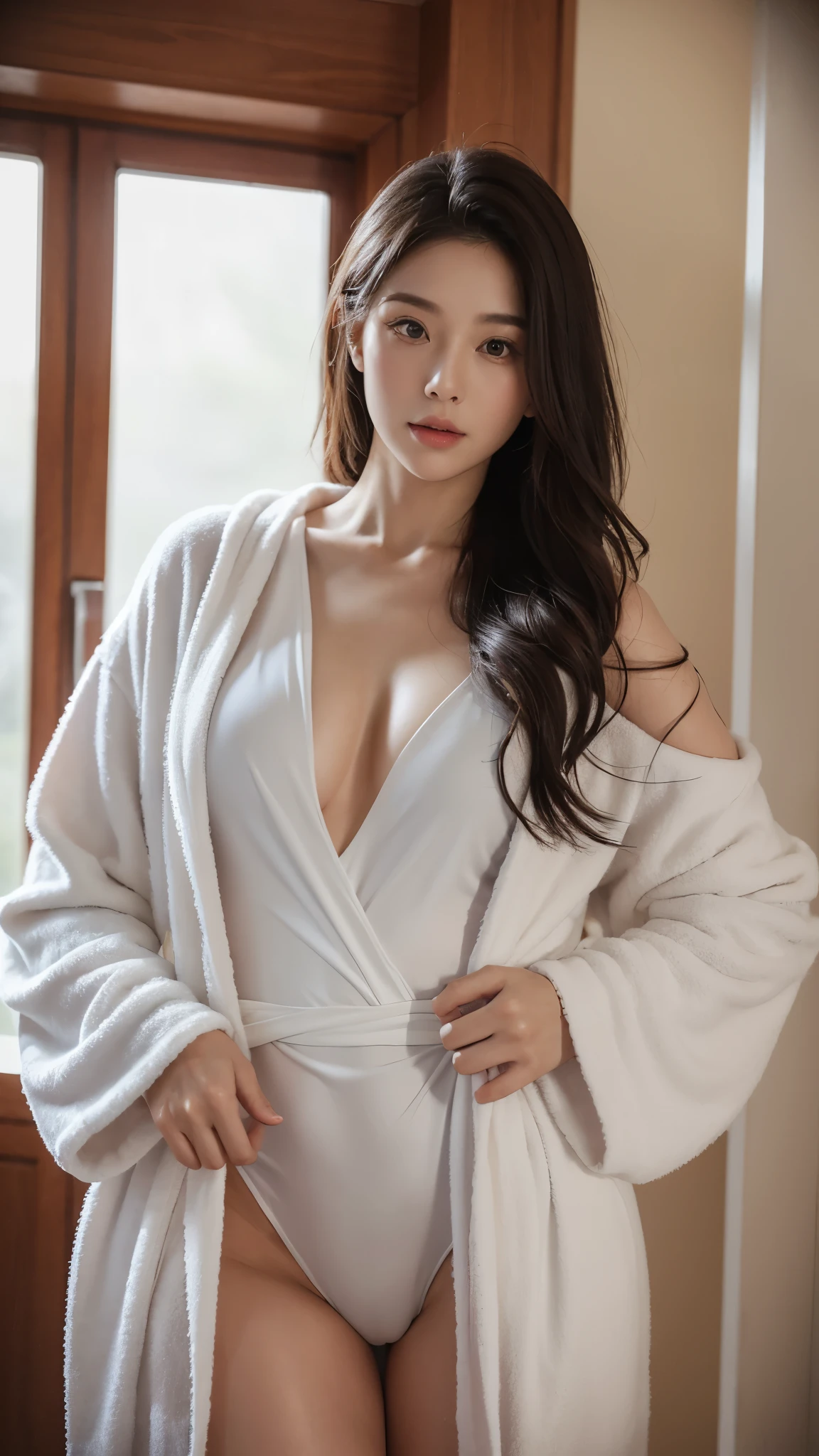 best quality,28 year old woman,Lips are small and thick,Chest circumference 96cm,waist 59cm,hips 94cm,Hair is wet after bathing..,no underwear,wearing a bathrobe,The front of her bathrobe is slightly open...,Her shoulders are slightly visible through her bathrobe....,My thighs are a bit thick,looking at the camera,Cinema Lighting,The room is a little dark,