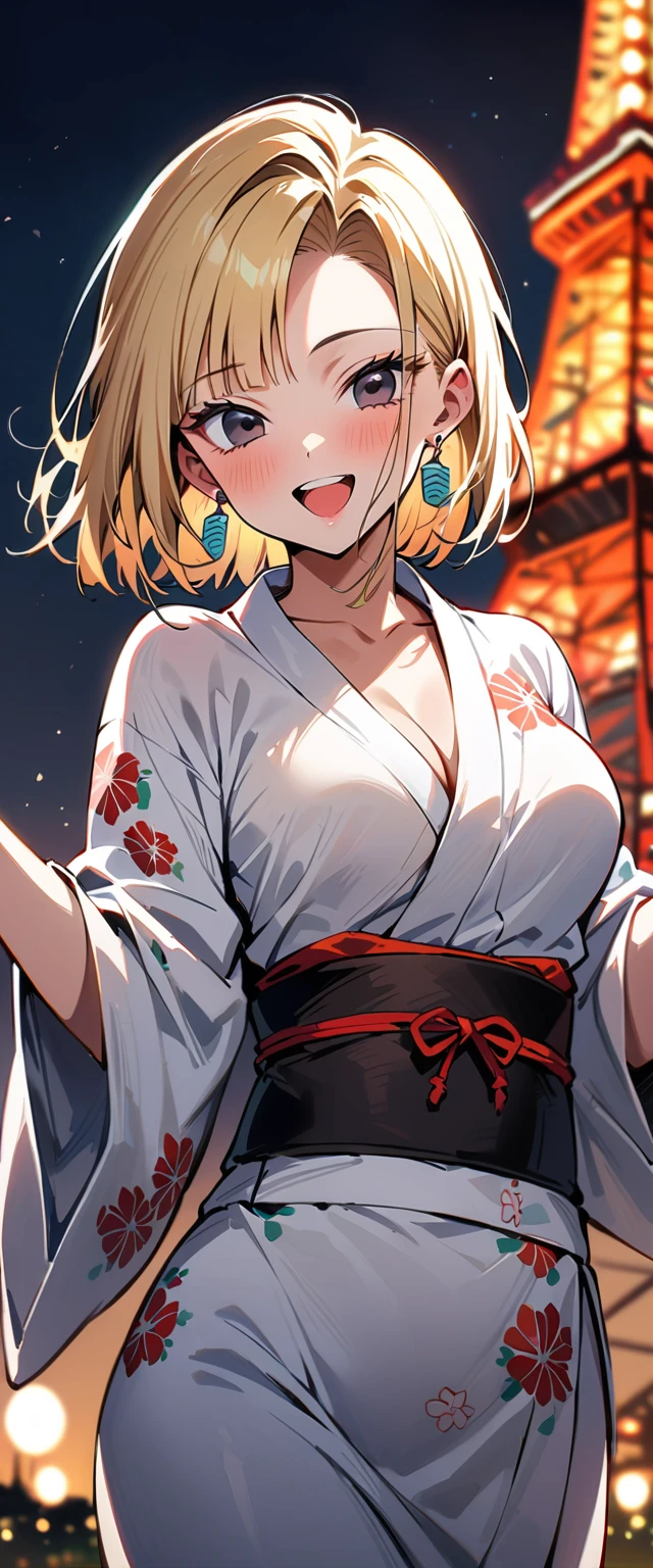 (masterpiece, best quality:1.2),1girl, (solo), Android 18 from Dragon Ball, ((floral print white kimono)), medium breasts, blunt bangs, blonde short hair, (black eyes), earrings on earlobes, slim, slender feminine figure, skinny body, blush, magnificent view, blur background, 4K, open mouth, smile, Tokyo Tower, firework, arms open, collarbone, (Kimetsu no Yaiba), Demon,