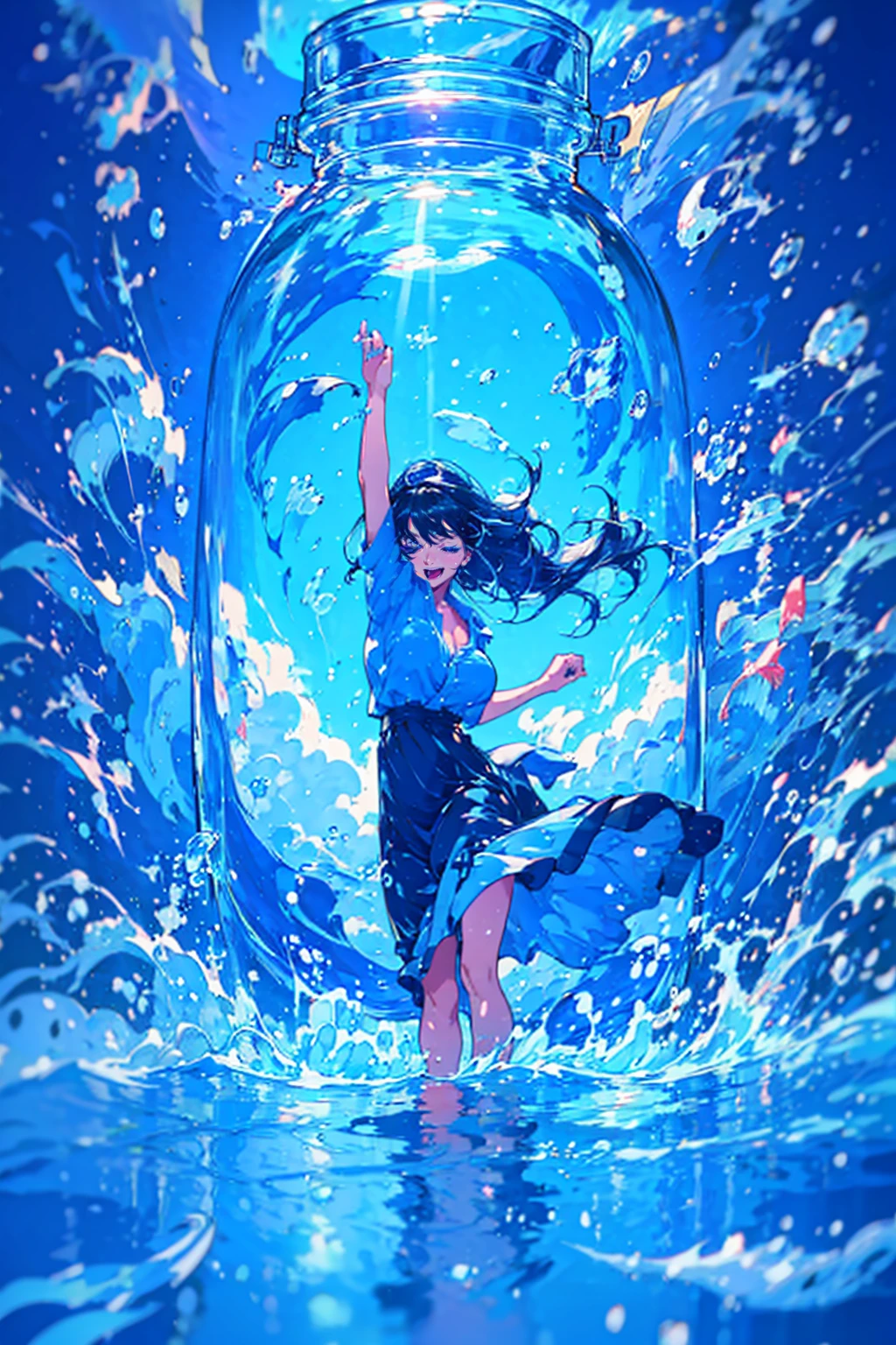 1girl,solo,cool,Aquarius,bigbreast,dancing in the water,water splashing,flowing water,water explosion,water splashes,she has a water jar