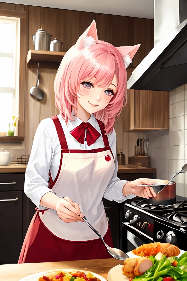 (score_9,score_8_up,score_7_up,score_6_up,score_5_up,score_4_up),masterpiece, top quality, best quality, official art, beautiful and aesthetic, animation, , 1girl with cat ear, perfect figure, pink hair, complicated details, kitchen, standing by the stove with a spoon in hand, happily introducing northeast specialties ,