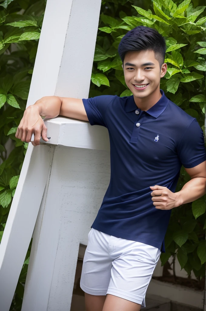 handsome man ,Age 20 , short hair, Korea , student，(((Wear a navy blue polo shirt with no stripes.......))), smile , front view ,chest muscles, Broad shoulders ,sportsperson , upper body (1),  rain: 1.3, Edge of tall building: 1.2, body drenched: 1.1,