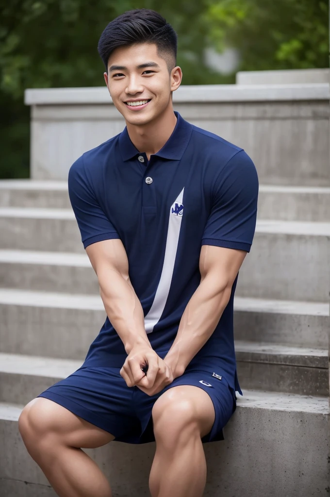 handsome man ,Age 20 , short hair, Korea , student,(((Wear a navy blue polo shirt with no stripes.......))), smile , front view ,chest muscles, Broad shoulders ,sportsperson , upper body (1), rain: 1.3, Edge of tall building: 1.2, body drenched: 1.1,