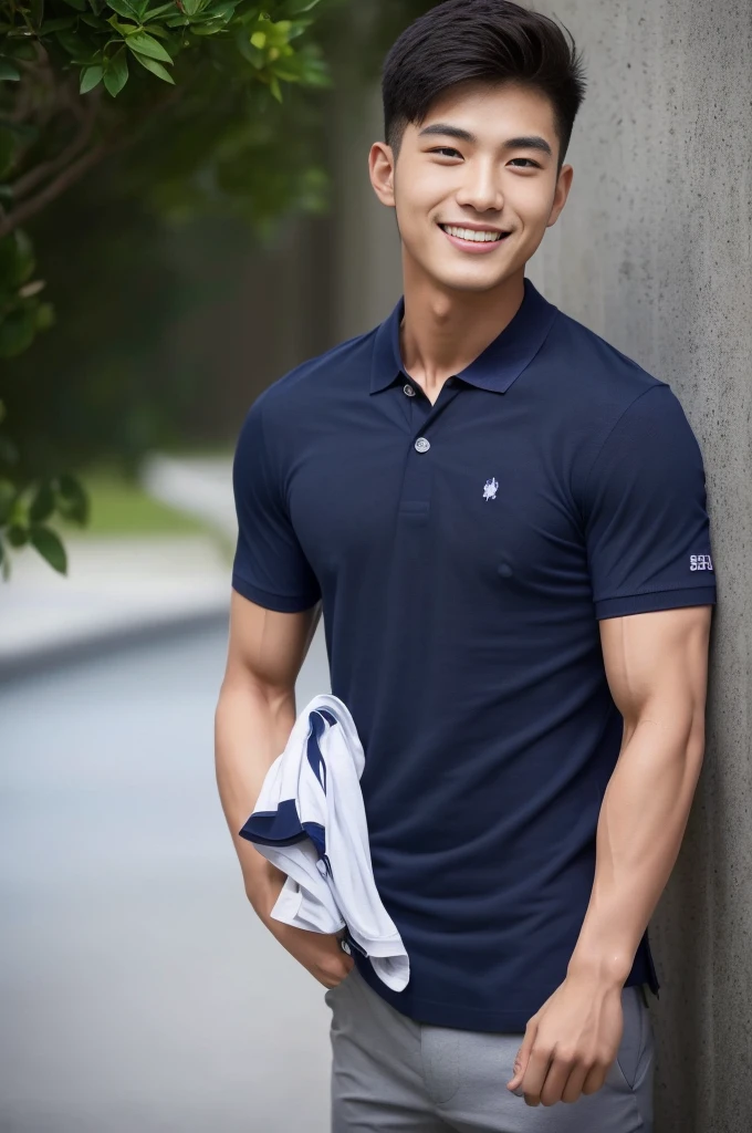 handsome man ,Age 20 , short hair, Korea , student,(((Wear a navy blue polo shirt with no stripes.......))), smile , front view ,chest muscles, Broad shoulders ,sportsperson , upper body (1), rain: 1.3, Edge of tall building: 1.2, body drenched: 1.1,