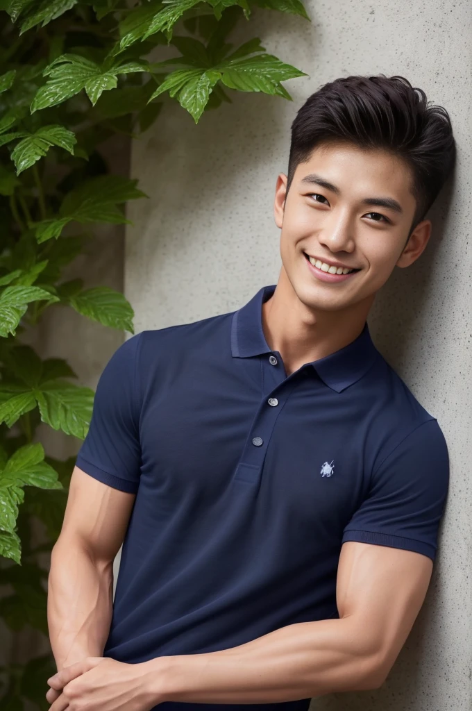 handsome man ,Age 20 , short hair, Korea , student,(((Wear a navy blue polo shirt with no stripes.......))), smile , front view ,chest muscles, Broad shoulders ,sportsperson , upper body (1), rain: 1.3, Edge of tall building: 1.2, body drenched: 1.1,