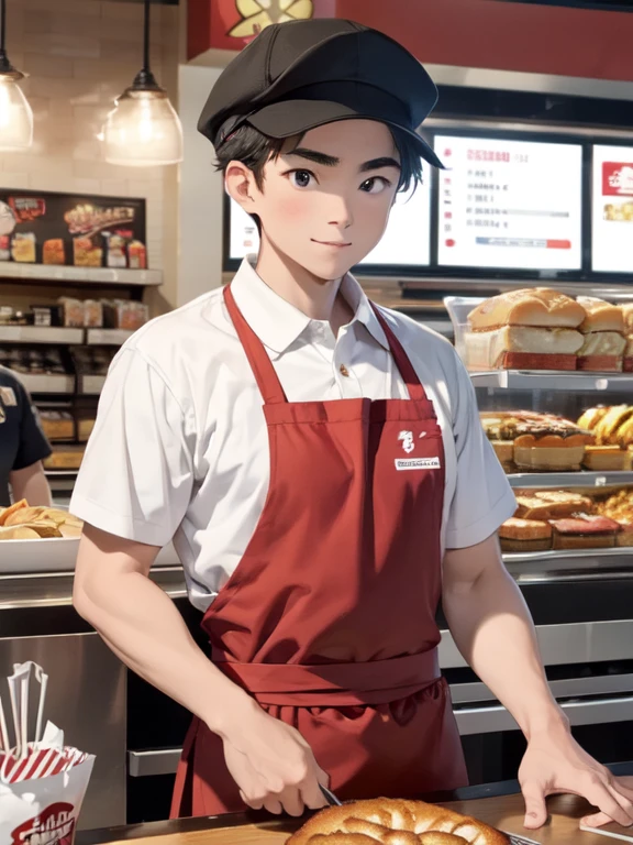 1 boy, Image of a fast food worker taking an order at the register。The uniform includes an apron and a cap.、I have a name tag on my polo shirt。In the background of the restaurant is a food court.、Bright lighting and promotional signs convey a sense of energy.。It depicts moments of interaction with customers.。