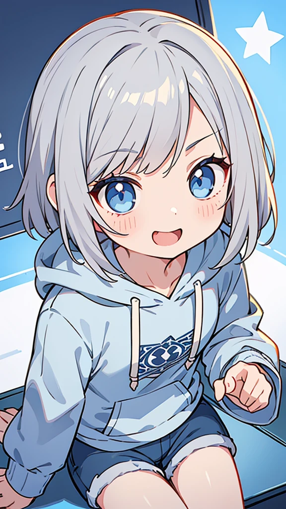 masterpiece、Very detailed、(One Girl:1.2)、Gray Hair、hoodie、Big eyes、Close-up、Laughter、、short hair、Gray shorts、(((Anime Style)))、Shining Eyes、Open your mouth,Blue Eyes、smug face