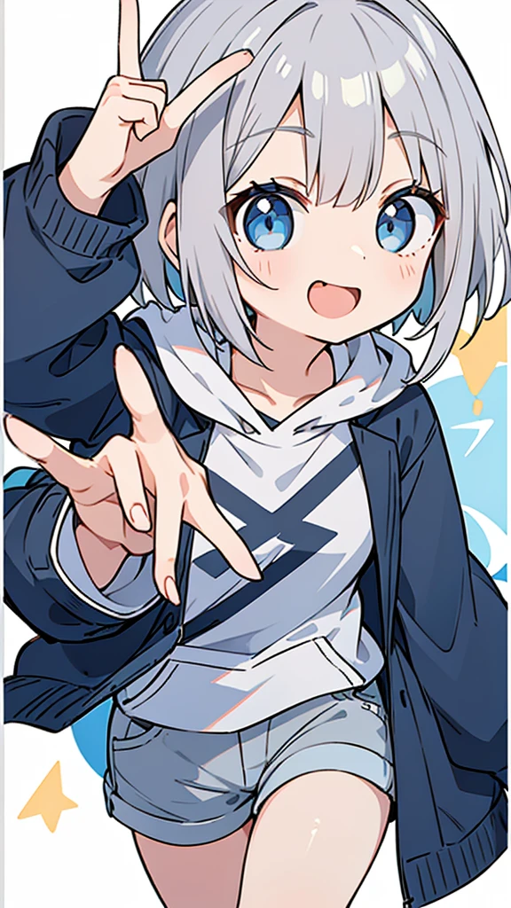 masterpiece、Very detailed、(One Girl:1.2)、Gray Hair、hoodie、Big eyes、Close-up、Laughter、、short hair、Gray shorts、(((Anime Style)))、Shining Eyes、Open your mouth,Blue Eyes、smug face