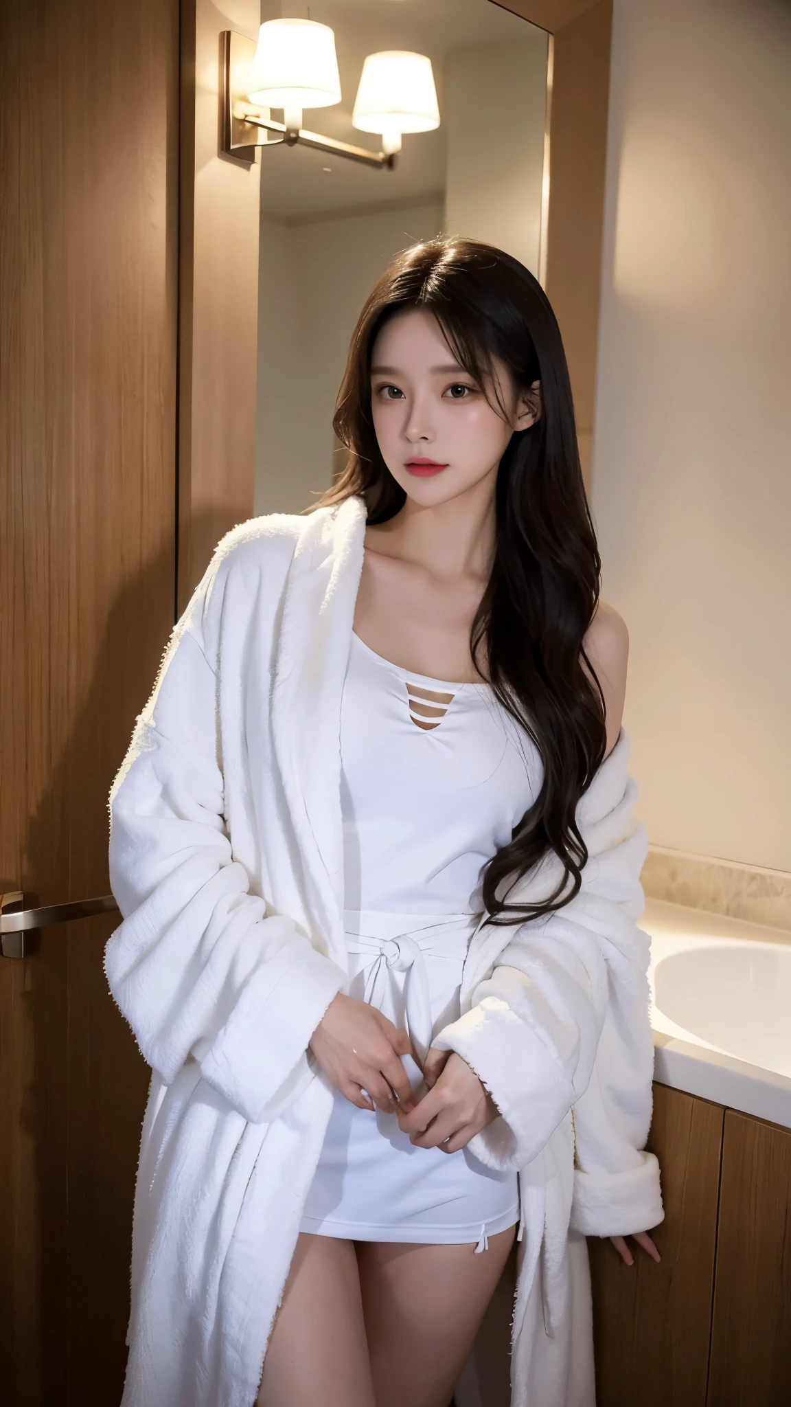 best quality，28 year old woman，Lips are small and thick，Chest circumference 96cm，waist 59cm，hips 94cm，Hair is wet after bathing，no underwear，wearing a bathrobe，Her shoulders are slightly visible through her bathrobe.，My thighs are a bit thick，looking at the camera，Cinema Lighting，The room is a little dark，