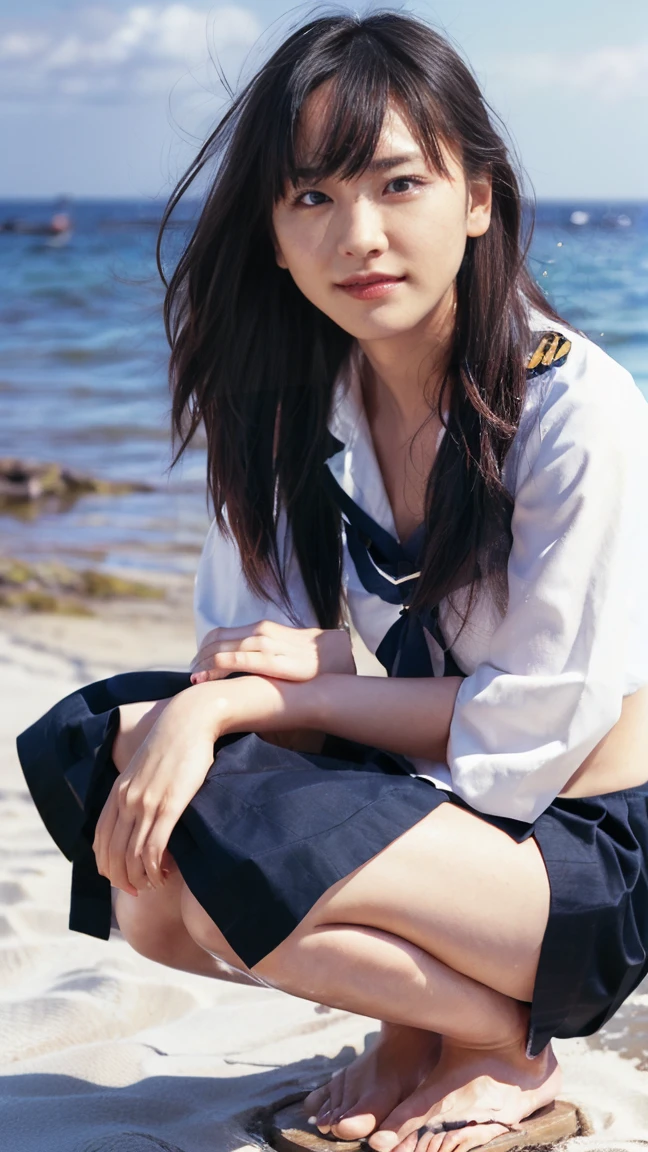 (((Top-down configuration:1.33)))、((No underwear:1.55))、One Girl、Beautiful and detailed eyes and face、barefoot、20 year old cute Japan woman, ((Extremely precise and accurate anatomy:1.0)), (photo Realistic:1.4), (hyper Realistic:1.4), (最高品質のRealisticな肌の質感:1.4), (Improvement of quality:1.4), (Enhances the beauty of skin texture:1.1), Clean and glowing skin, mesh, thin:1.2, (Realistic:1.3), Realisticなライティング, (Smoother lighting:1.05), (Improving the quality of cinema lighting:0.9), Backlight, A gentle light on your face, Ray Tracing, (Bright light:1.2), 32k, One Japanese woman, fine grain, Detailed face, (Film Grain:1.1),(Accentuates body lines:1.1), High resolution, Natural look, Kind eyes, Improves hair quality, Delicate light and shadow, Transparent muscles, Graceful pose, Beautiful Eyes, Sharp details, Soft light reflection, Beautiful contours, Delicate skin tone, Fine hair texture, Natural background, (((sunny day、Beach、A strong wind is blowing、Her hair and skirt are flying、Squat, Traditional navy blue sailor uniform、Open shirt、Pleated skirt、Scooping seawater with hands:1.25、splash、Sandy Beach、Light of the sun、clear blue sea、The waves crash quietly、Blue sky and white clouds、green mountain々、Beautiful Nature、The joys of youth)))、