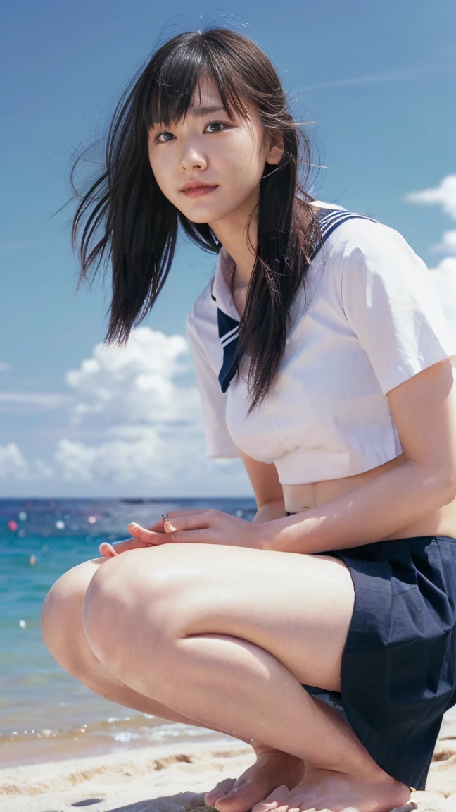 (((Top-down configuration:1.33)))、((No underwear:1.55))、One Girl、Beautiful and detailed eyes and face、barefoot、20 year old cute Japan woman, ((Extremely precise and accurate anatomy:1.0)), (photo Realistic:1.4), (hyper Realistic:1.4), (最高品質のRealisticな肌の質感:1.4), (Improvement of quality:1.4), (Enhances the beauty of skin texture:1.1), Clean and glowing skin, mesh, thin:1.2, (Realistic:1.3), Realisticなライティング, (Smoother lighting:1.05), (Improving the quality of cinema lighting:0.9), Backlight, A gentle light on your face, Ray Tracing, (Bright light:1.2), 32k, One Japanese woman, fine grain, Detailed face, (Film Grain:1.1),(Accentuates body lines:1.1), High resolution, Natural look, Kind eyes, Improves hair quality, Delicate light and shadow, Transparent muscles, Graceful pose, Beautiful Eyes, Sharp details, Soft light reflection, Beautiful contours, Delicate skin tone, Fine hair texture, Natural background, (((sunny day、Beach、A strong wind is blowing、Her hair and skirt are flying、Squat, Traditional navy blue sailor uniform、Open shirt、Pleated skirt、Scooping seawater with hands:1.25、splash、Sandy Beach、Light of the sun、clear blue sea、The waves crash quietly、Blue sky and white clouds、green mountain々、Beautiful Nature、The joys of youth)))、