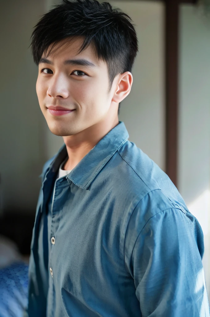 ((Highest quality, 8K, Masterpiece: 1.3))、Thailand Laos Burma Asia, Thai man, A handsome Asian rugby player with short hair, a muscular beard, and big muscles., 1A man who has、 yo、Good appearance、Beautiful nose、smile、 Detailed eyes and face、beautiful light、(studio)、high resolution、(Look at the viewer.)、Fine mouth、smile、whole body: 1.5, perfect shape: 1.3, looking at camera ,Blue button-up shirt, ((bedroom)), sunlight looking at the field