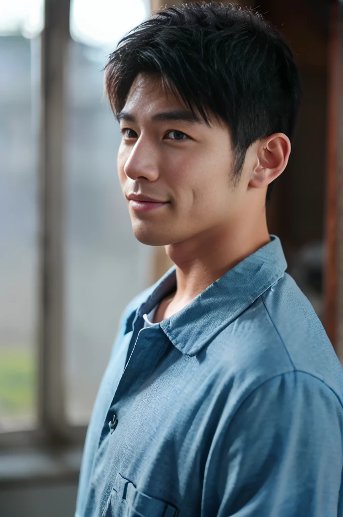 ((Highest quality, 8K, Masterpiece: 1.3))、Thailand Laos Burma Asia, Thai man, A handsome Asian rugby player with short hair, a muscular beard, and big muscles., 1A man who has、 yo、Good appearance、Beautiful nose、smile、 Detailed eyes and face、beautiful light、(studio)、high resolution、(Look at the viewer.)、Fine mouth、smile、whole body: 1.5, perfect shape: 1.3, looking at camera ,Blue button-up shirt, ((bedroom)), sunlight looking at the field