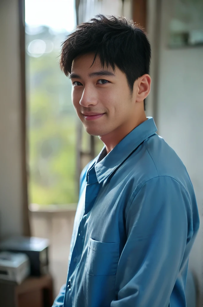 ((Highest quality, 8K, Masterpiece: 1.3))、Thailand Laos Burma Asia, Thai man, A handsome Asian rugby player with short hair, a muscular beard, and big muscles., 1A man who has、 yo、Good appearance、Beautiful nose、smile、 Detailed eyes and face、beautiful light、(studio)、high resolution、(Look at the viewer.)、Fine mouth、smile、whole body: 1.5, perfect shape: 1.3, looking at camera ,Blue button-up shirt, ((bedroom)), sunlight looking at the field