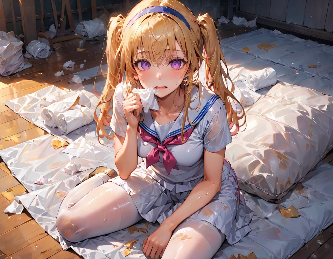 1 woman, school swimwear, Blue One Piece Swimsuit, (Sailor school uniform only for the upper body), (white short shirt), summer clothes, Red Ribbon Tie, masterpiece, Best Quality, High quality, High Definition, Finely detailed, Detailed texture, realistic representation of face, Realistic, Colorful, Ray tracing, (((lighting forward))), ahegao, (((crying))), (((clenched teeth))), (drooling), (((steam))), (((eyes focus))), (glowing eyes),  (Detailed beautiful delicate face, Detailed beautiful eyes, A perfectly proportioned face, High detailed skin, best ratio four finger and one thumb, (((Glowing white shiny skin))),(((oiled skin))),  (((Open legs))), small breasts,   ((sitting on a bed with one knee up)), ((Smooth texture, Realistic texture, Photorealistic)), (((Green eyes))), (((blonde semi-long hair, ponytail))),  (Beautiful face, Cute face, Detailed face)