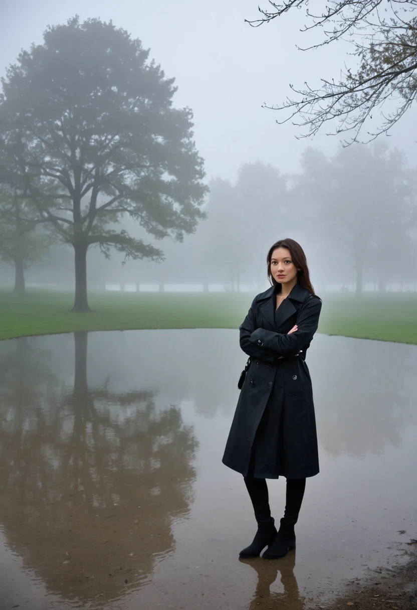 masterpiece, best quality,rain, in the rain, 1 short woman, thick foggy park, looking at viewer, black coat, Full body shot with Canon camera 16-35 wide angle lens, I see a foggy lake