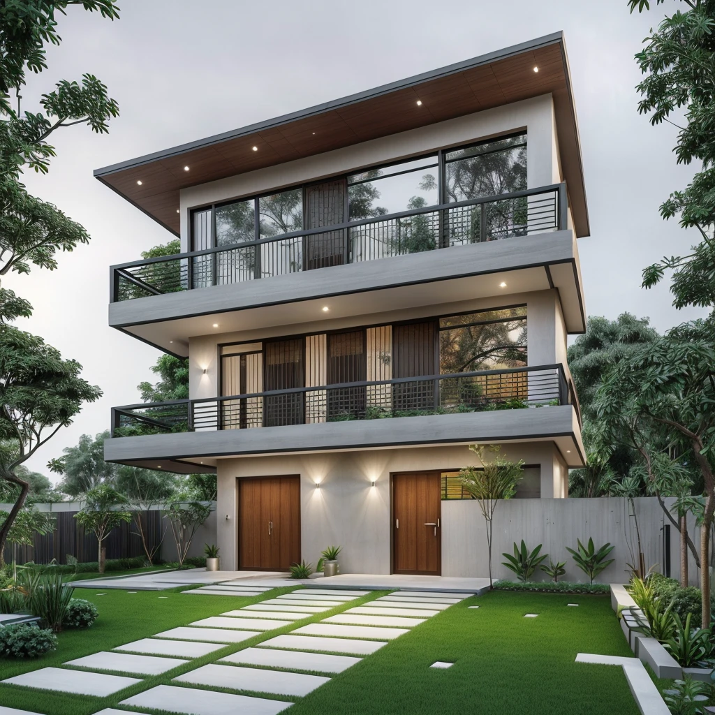 exterior of house, modern, townhouse, Modern house gate, minimalistic, the house is located in an urban area of Hanoi Vietnam, wall concrete gray and wood, facing the road, plant and tree, sidewalks, sidewalk trees, corona render, 3ds max, wide view, overcast sky, a moody foggy environment, sunny cinematic, natural light