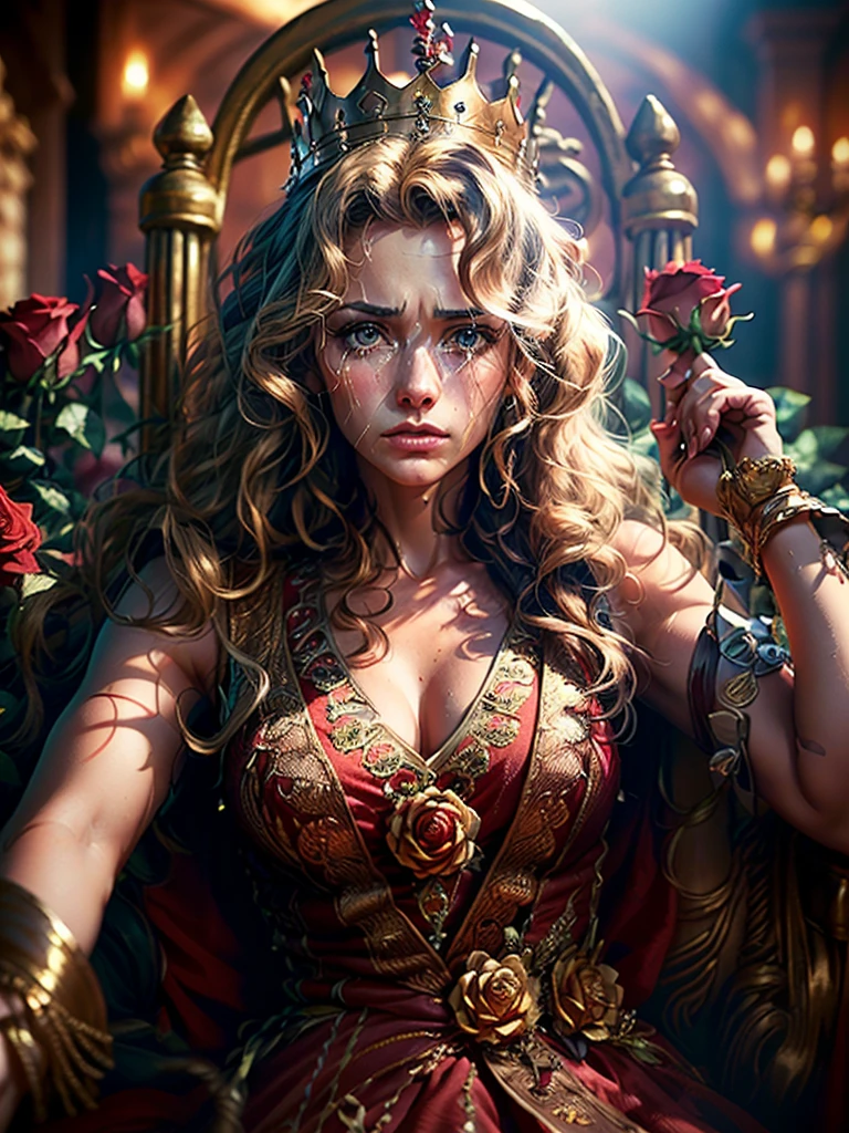 (The highest image quality, master piece:1.2), (Ultra Definition Illustration), (very beautiful matured queen, 45yo:1.3), (captured, prison), rpgroyal, (sleeveless gorgeous queen red dress with roses:1.3), (armpit, blond wavy hair, embarrassed, crying,  sultry look, seductive,
