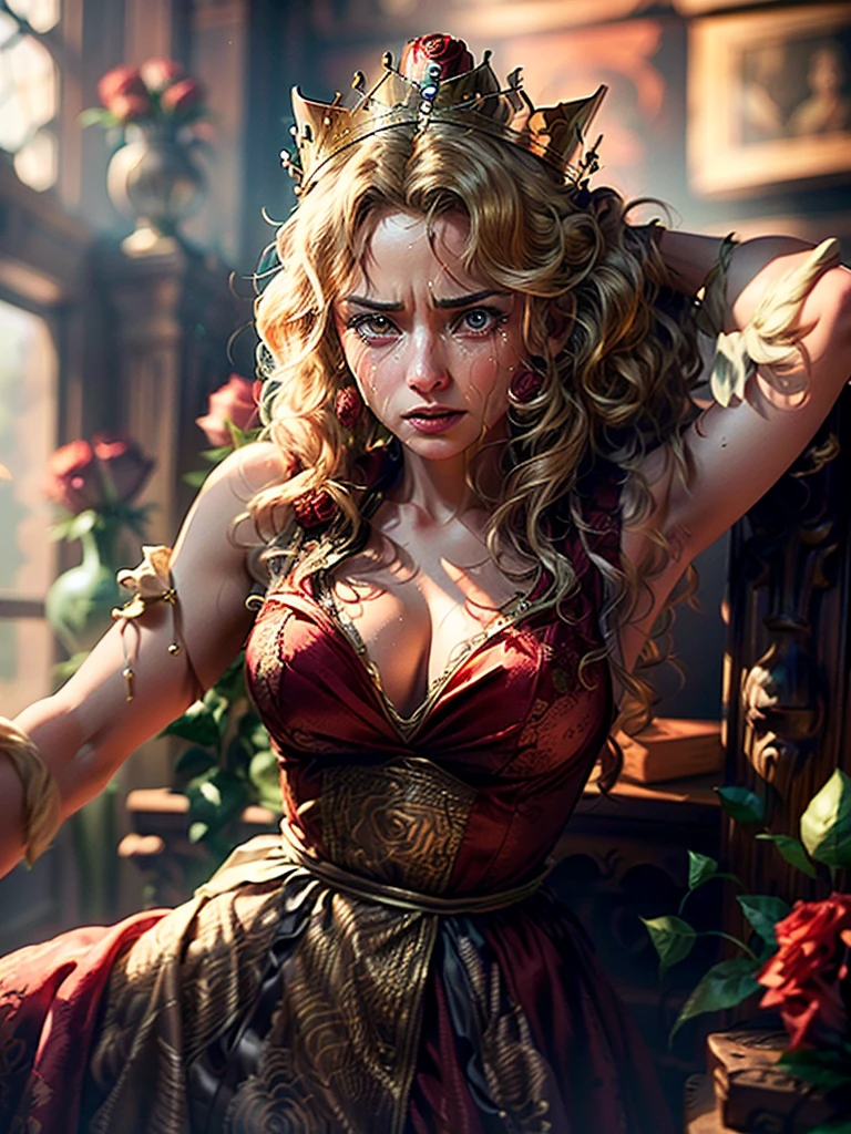 (The highest image quality, master piece:1.2), (Ultra Definition Illustration), (very beautiful matured queen, 45yo:1.3), (captured, prison), rpgroyal, (sleeveless gorgeous queen red dress with roses:1.3), (armpit, blond wavy hair, embarrassed, crying, sultry look, seductive,