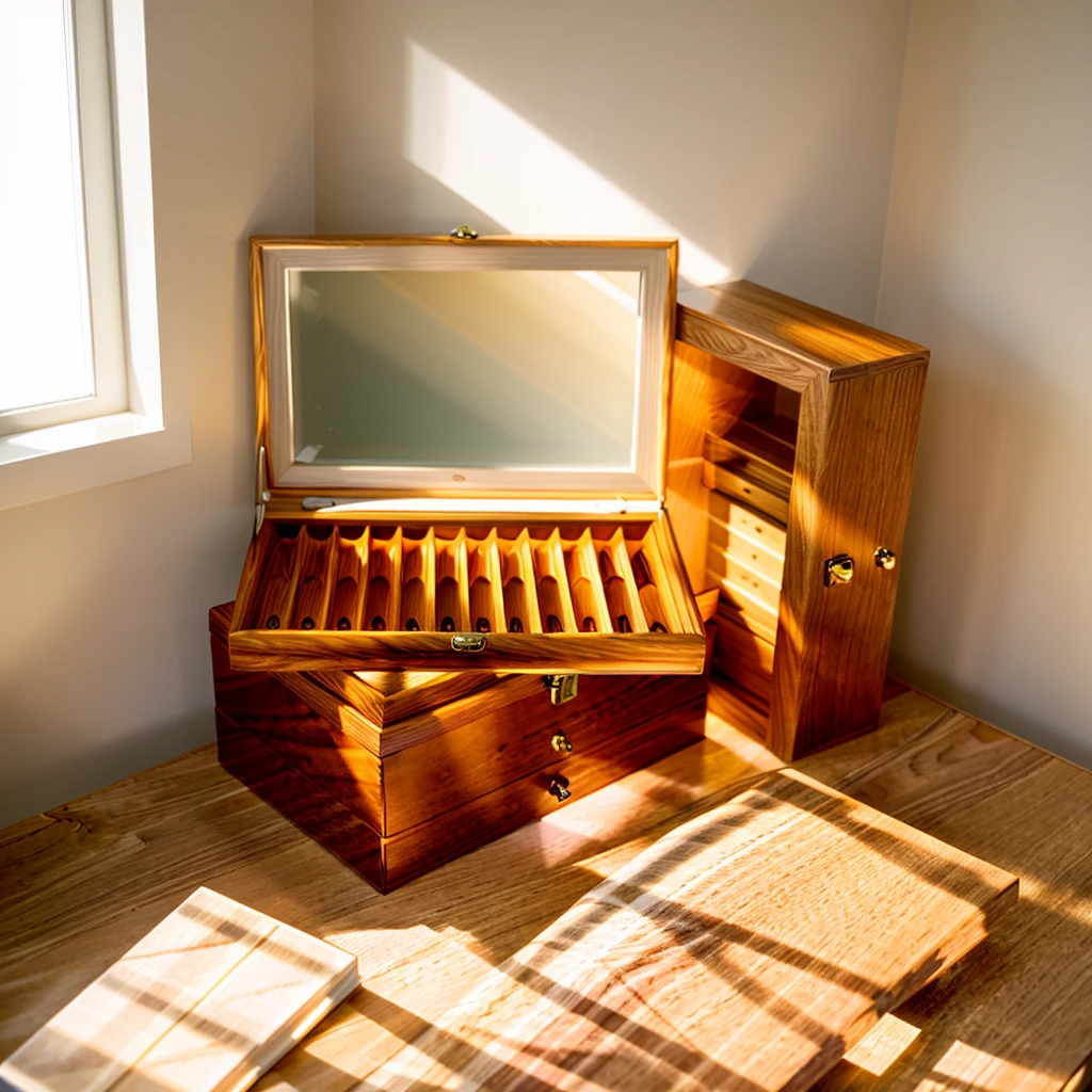 In this cozy room，A ray of sunlight shone through the half-drawn curtains on the table，Let the wood grain on the watch storage box shine with a faint luster。There was a calm and peaceful atmosphere in the air around them。There are several still lifes hanging on the walls of the room，It adds a touch of elegance to the space。And on the other side of the room，The half-open window lets in the breeze，The pages on the small desk by the window turned in the wind，This quiet scene gives a sense of tranquility and comfort。
