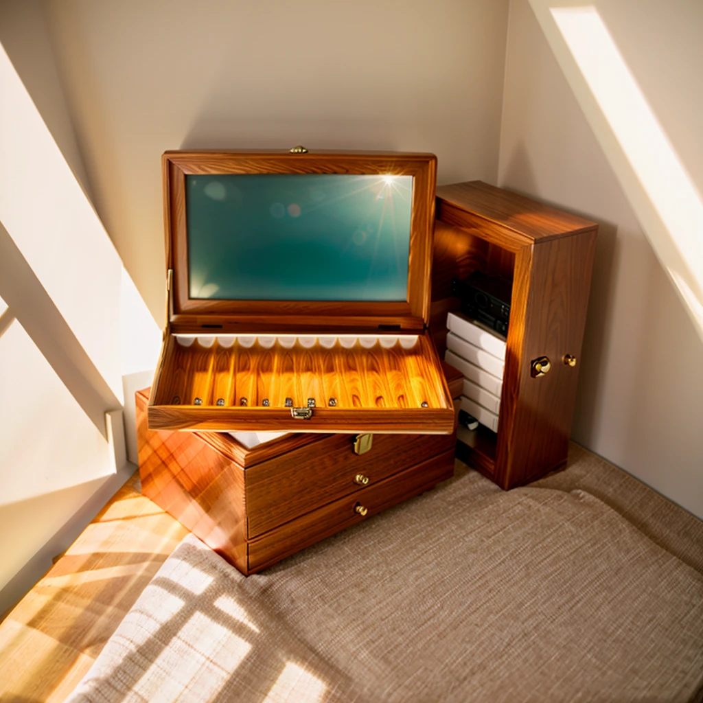 In this cozy room,A ray of sunlight shone through the half-drawn curtains on the table,Let the wood grain on the watch storage box shine with a faint luster。There was a calm and peaceful atmosphere in the air around them。There are several still lifes hanging on the walls of the room,It adds a touch of elegance to the space。And on the other side of the room,The half-open window lets in the breeze,The pages on the small desk by the window turned in the wind,This quiet scene gives a sense of tranquility and comfort。
