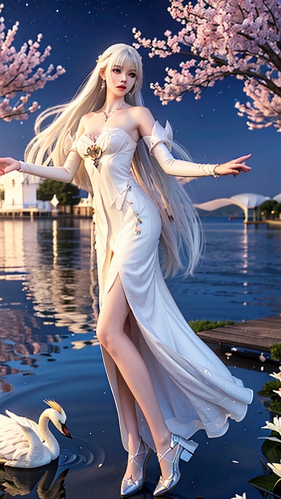 Starry night,tall and beautiful girl, white gown, swans, flowers in hand, Wearing jewellery, Middle of lake,colorless crystal made shoes,rings,bracelet,white hair, fair white skin, detailed art, 3d,8k;high resolution, High quality, photography, Character, model, dancing girl