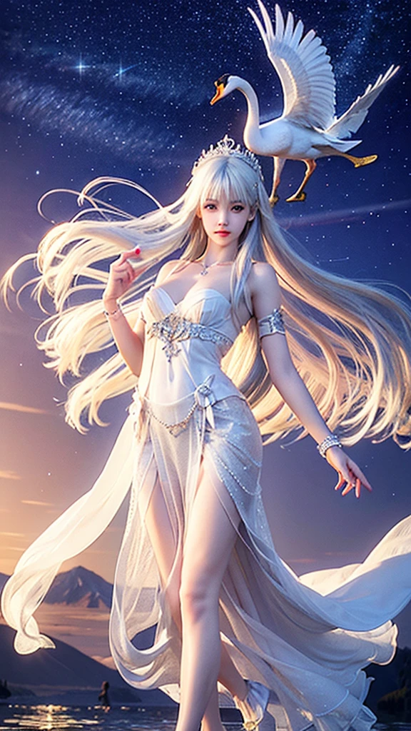 Starry night,tall and beautiful girl, white gown, swans, flowers in hand, Wearing jewellery, Middle of lake,colorless crystal made shoes,rings,bracelet,white hair, fair white skin, detailed art, 3d,8k;high resolution, High quality, photography, Character, model, dancing girl