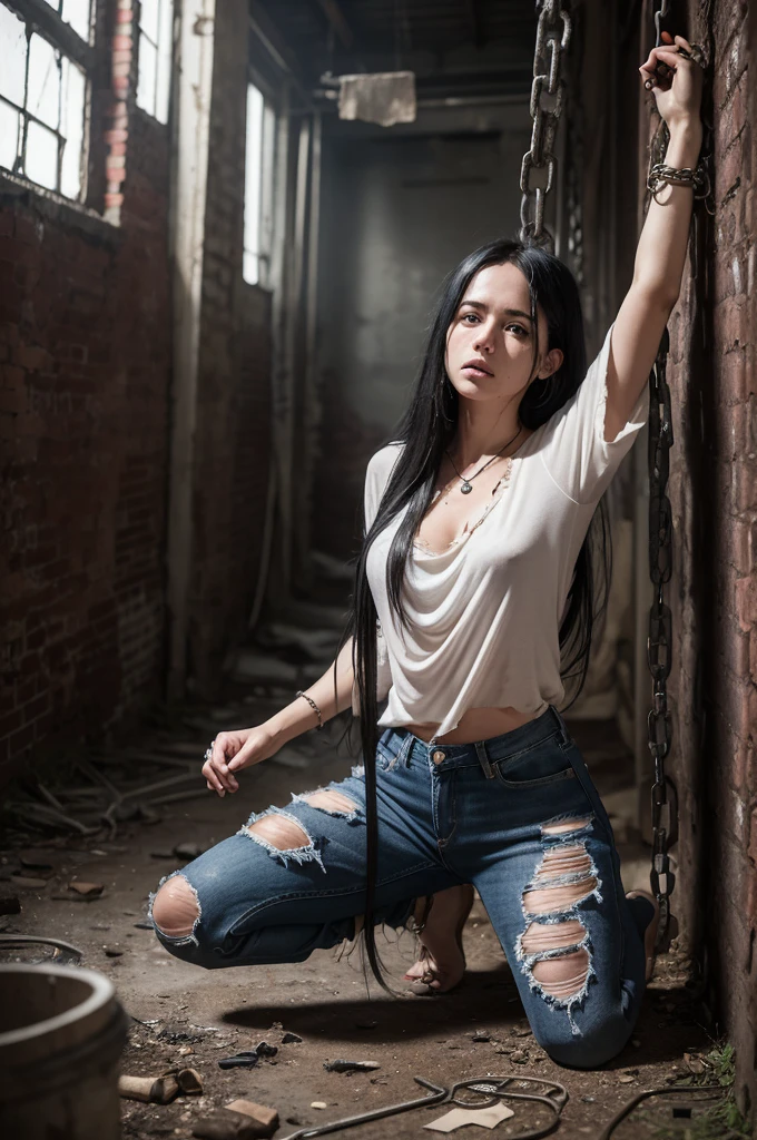 White woman, long, dirty black hair. She is kneeling looking very weak, bound by the wrists by chains coming from the ceiling. She is wearing dirty, torn jeans and a dirty, torn white blouse. The setting is an abandoned and dark warehouse.