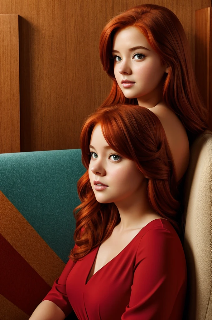 Pixar style poster a redhead girl long hair brown eyes chubby red dress sexy in an armchair
