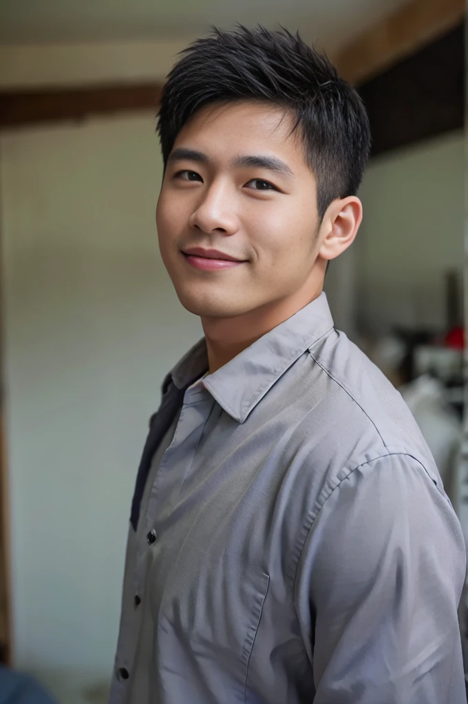 ((Highest quality, 8K, Masterpiece: 1.3))、Thailand Laos Burma Asia, Thai man, A handsome Asian rugby player with short hair, a muscular beard, and big muscles., １A man who has、 yo、Good appearance、Beautiful nose、smile、 Detailed eyes and face、beautiful light、(studio)、high resolution、（Look at the viewer.）、Fine mouth、smile、whole body: 1.5, perfect shape: 1.3, looking at camera ,Gray button-down shirt, ((bedroom)), sunlight looking at the field