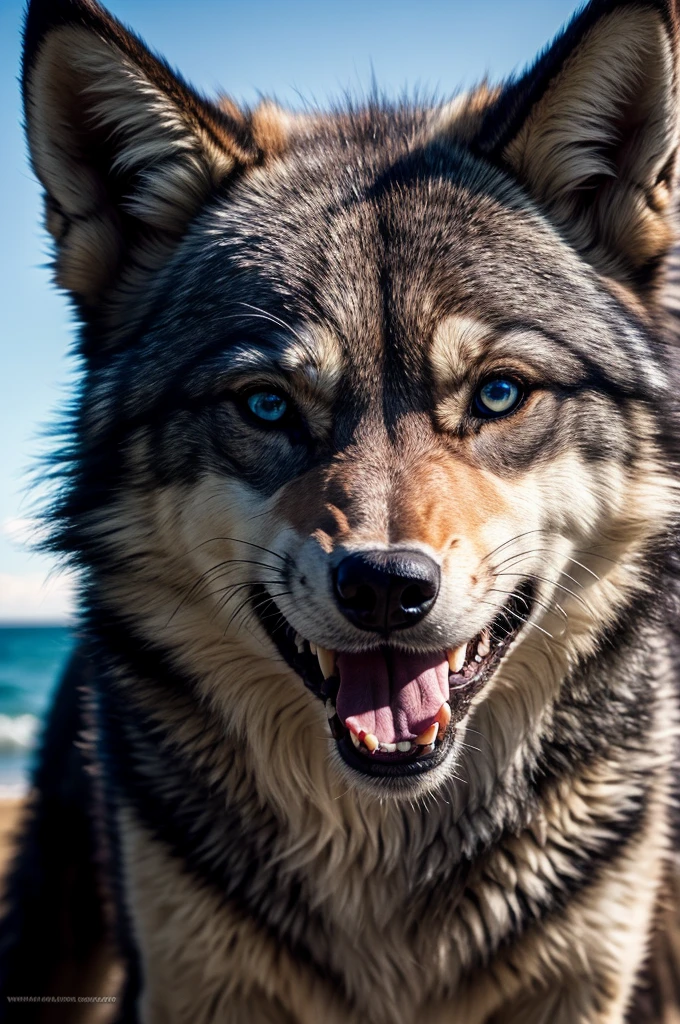 Blue eyed wolf,sun beam,cliff beach,detailed,high quality,vampire
