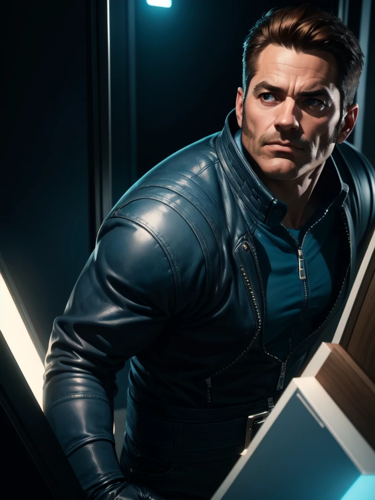 40 year old man, alone, strong, muscular, short brown hair, blue clothes, wears blue gloves, high resolution, perfect image, very detailed, high contrast, digital colors, simple, medium shot, cinematic, ultra sharp focus, Award-winning photography, perfect contrast, high sharpness, depth of field, ultra-detailed photography. global illumination, fluid, ultra high definition, 8k, Unreal Engine 5, ultra sharp focus, award-winning photography, Art Season Trends,