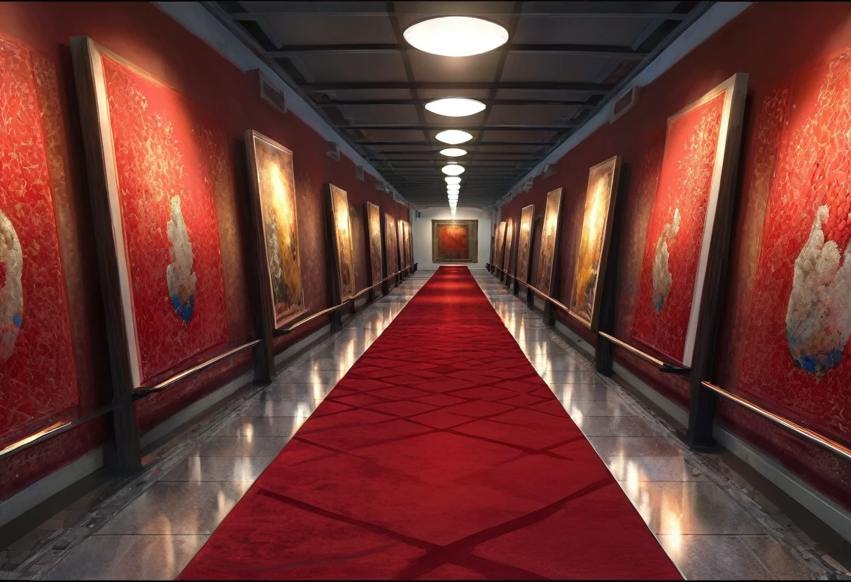red carpet, walkway in the middle, red lighting, HDR, 4k resolution, (painting realistic : 1.3), (ultra high resolution: 1.0 ), (((best quality, 8 thousand, masterpiece:1.4))