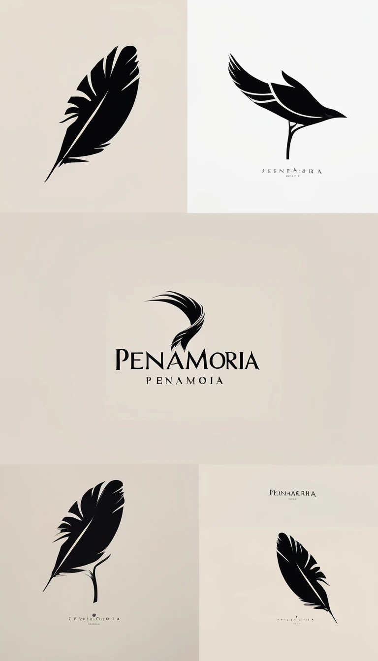 A minimal, modern, simple, cinematic logo design for the brand “Penamemoria". Create a modern, minimalistic, high-quality, logo of a feather-bird
