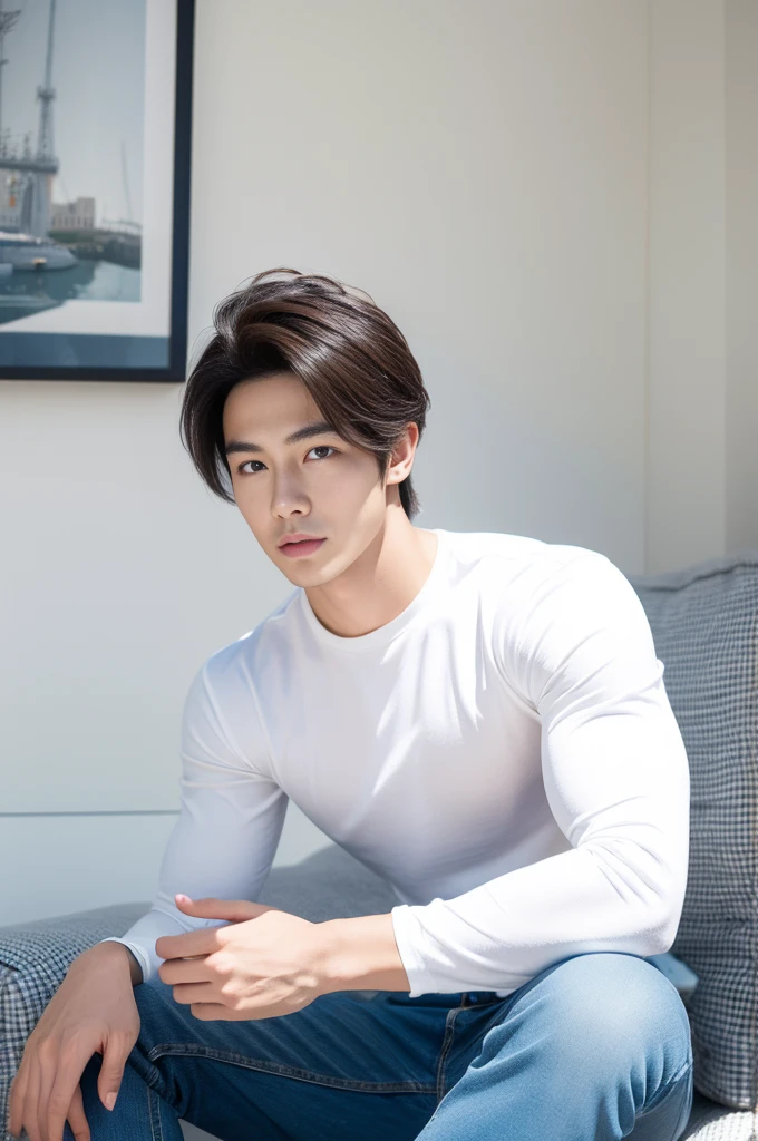 Muscular Asian guy , Wear only white shirts, jeans., A muscular young man., beautiful young male model, Comfortable pose, Portrait of a 25 year old boy, Taking pictures in a comfortable, realistic way