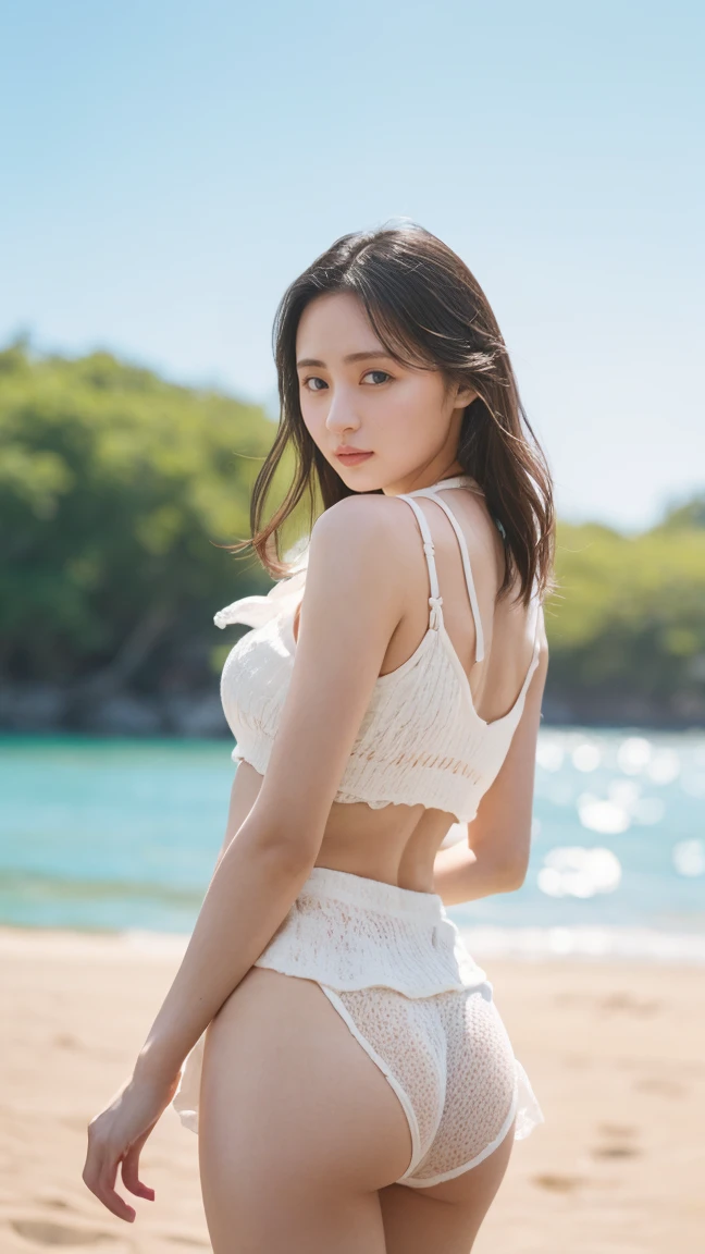 (((Top-down configuration:1.33)))、((No underwear:1.55))、One Girl、Beautiful and detailed eyes and face、barefoot、20 year old cute Japan woman, ((Extremely precise and accurate anatomy:1.0)), (photo Realistic:1.4), (hyper Realistic:1.4), (最高品質のRealisticな肌の質感:1.4), (Improvement of quality:1.4), (Enhances the beauty of skin texture:1.1), Clean and glowing skin, mesh, thin:1.2, (Realistic:1.3), Realisticなライティング, (Smoother lighting:1.05), (Improving the quality of cinema lighting:0.9), Backlight, A gentle light on your face, Ray Tracing, (Bright light:1.2), 32k, One Japanese woman, fine grain, Detailed face, (Film Grain:1.1),(Accentuates body lines:1.1), High resolution, Natural look, Kind eyes, Improves hair quality, Delicate light and shadow, Transparent muscles, Graceful pose, Beautiful Eyes, Sharp details, Soft light reflection, Beautiful contours, Delicate skin tone, Fine hair texture, Natural background, (((sunny day、Beach、A strong wind is blowing、Her hair and skirt are flying、Scooping seawater with hands:1.25、splash、Sandy Beach、Light of the sun、clear blue sea、The waves crash quietly、Blue sky and white clouds、green mountain々、Beautiful Nature、The joys of youth)))、