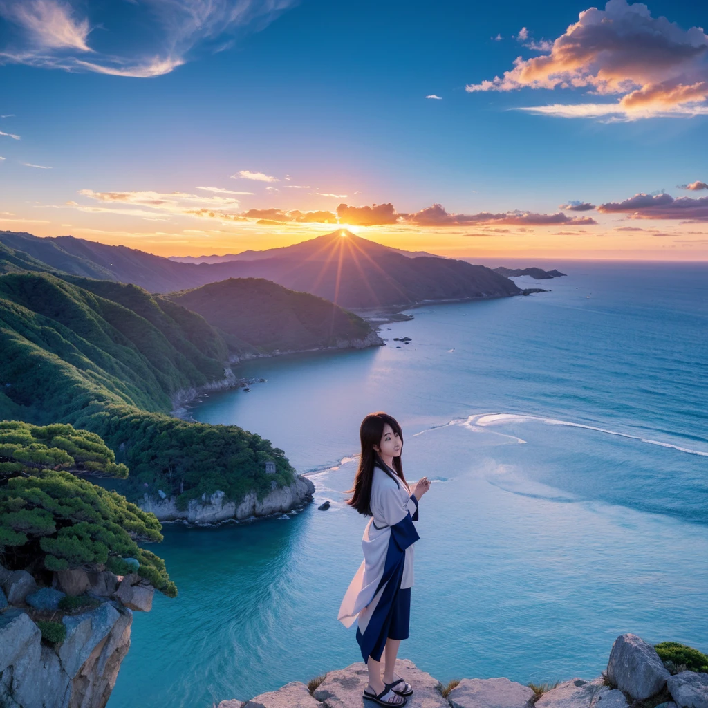 Japanese cartoons girl standing on a cliff overlooking the ocean at sunset, Watch the sunset. Japanese cartoons, Japanese cartoons. Soft lighting, 4k Japanese cartoons wallpaper, Japanese cartoons girl desktop background, hd Japanese cartoons wallaper, Japanese cartoons wallpaper 4 k, Japanese cartoons wallpaper 4k, hd Japanese cartoons wallpaper, beautiful Japanese cartoons portrait, realistic Japanese cartoons artstyle, Japanese cartoons beautiful peace scene, Japanese cartoons wallaper, Japanese cartoons wallpaper
