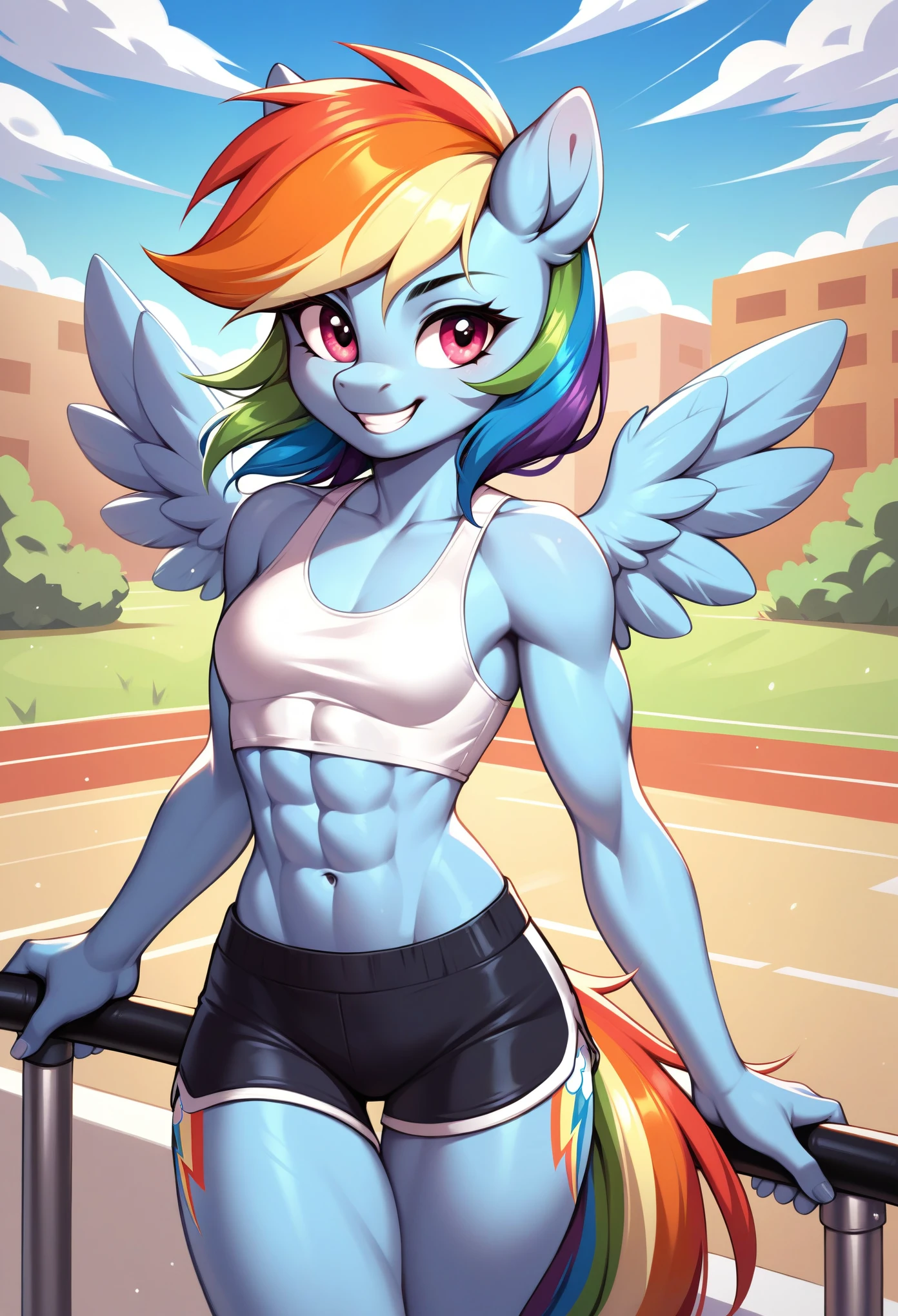 score_9, score_8_up, score_7_up, score_6_up, rainbow dash, pony, furry, blue skin, small wings, multicolored hair, anthro, pony face, white crop top, (toned:0.5), smile, small breasts, gym shorts, medium hair, blue sky