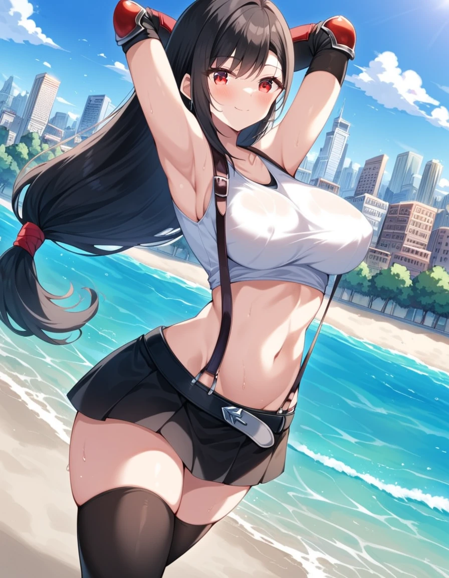 score_9, score_8_up, score_7_up, ,dynamic angle,breast focus,soro focus,standing,,(arms up,arms behind head,),(mediumshot:1),looking_at_viewer ,1girl, tifa lockhart, final fantasy,(beautiful woman).,black hair, low-tied long hair, red eyes, bangs, white tank top, gap,belt, pleated skirt, thighhighs, elbow fingerless gloves, elbow pads, midriff, navel,suspender skirt.zettai ryouiki ,(large_breasts),(perky breasts;1,3),(light smile),,,Solo,,(daytime and beachside and city),(masterpeace),(best quality),(aesthetic,very aesthetic),hyper detailed,