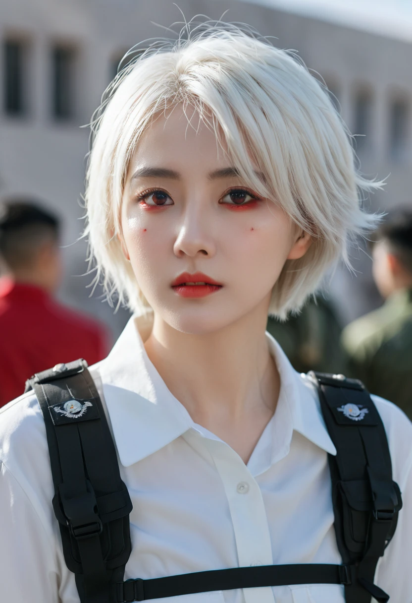 masterpiece , A girl, On the war zone, ( light white short hair:1.2), (Red Eyes:1.2), (military uniform:1.2), (Looking at the audience:1.2) , (8K, Best quality 1.2), Extremely detailed, 8K uhd, Soft lighting, high quality, Film Grain, Beautiful Lights, Movie ,Perfect body , Optimal lighting, The best shadow, sharpest, Compared, Red glasses, Messy hair, Tactical Vest, Gloves, earphone, absurdres high detail face
