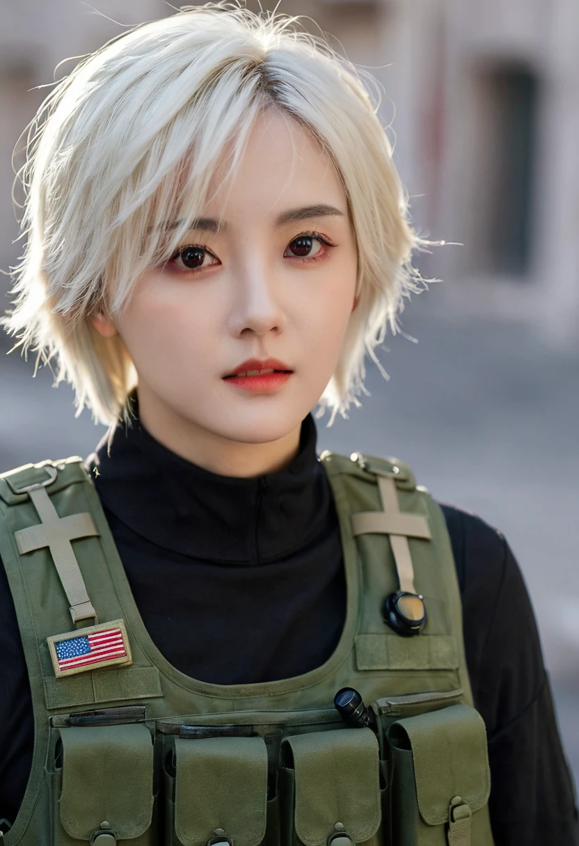 masterpiece , A girl, On the war zone, ( light white short hair:1.2), (Red Eyes:1.2), (military uniform:1.2), (Looking at the audience:1.2) , (8K, Best quality 1.2), Extremely detailed, 8K uhd, Soft lighting, high quality, Film Grain, Beautiful Lights, Movie ,Perfect body , Optimal lighting, The best shadow, sharpest, Compared, Red glasses, Messy hair, Tactical Vest, Gloves, earphone, absurdres high detail face