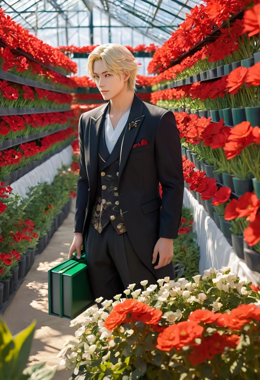 Extremely refined, Astonishing, Fine details, masterpiece, Extremely detailed, high resolution,Best Illustration Award, The best shadow,complex,Clear focus, high quality, 1 male, Solitary, blond. Red Eyes, Genshin Impact, Glass greenhouse, Potted flowers, Flowers for sale, Man looking at flowers, Flowers everywhere