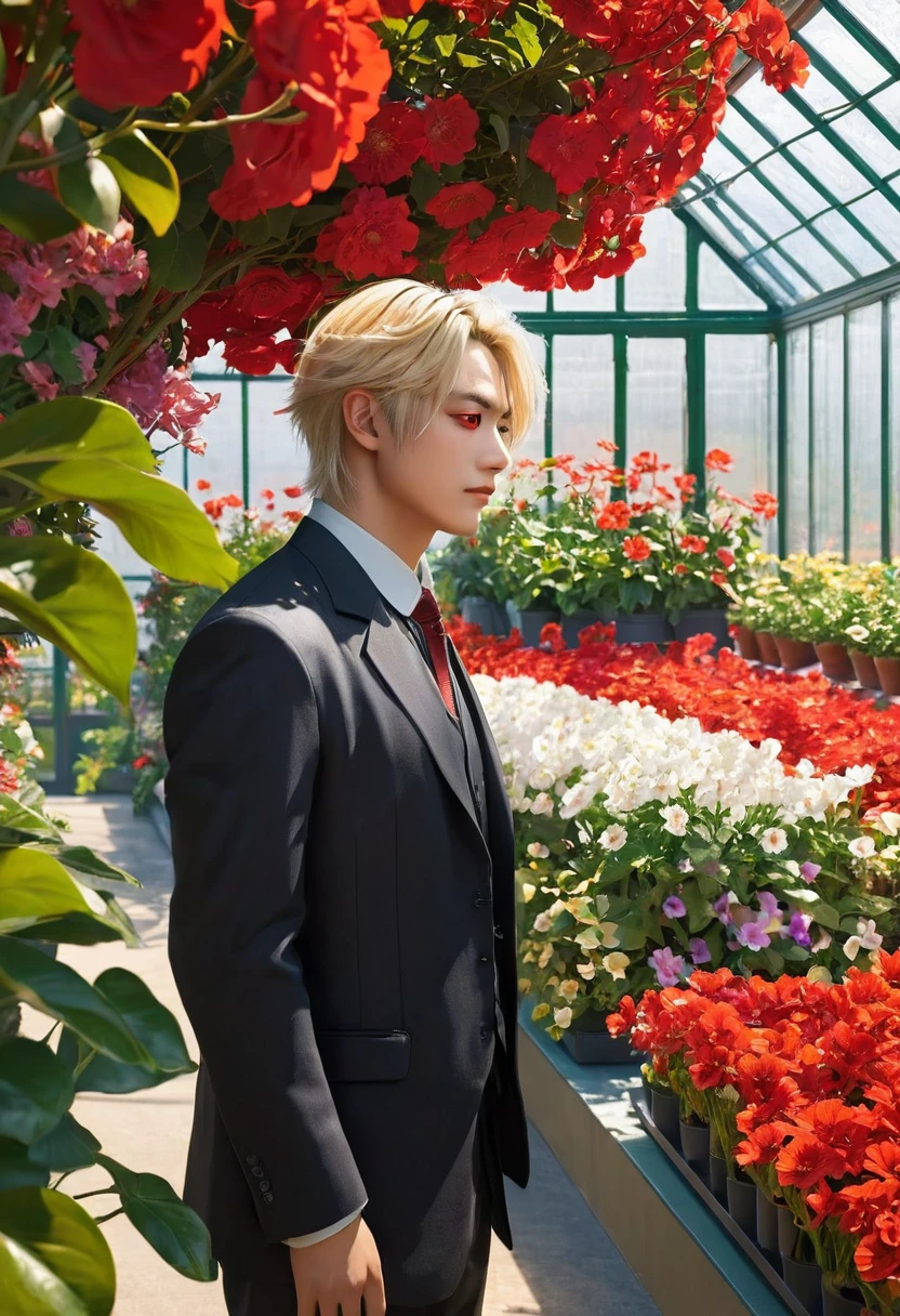 Extremely refined, Astonishing, Fine details, masterpiece, Extremely detailed, high resolution,Best Illustration Award, The best shadow,complex,Clear focus, high quality, 1 male, Solitary, blond. Red Eyes, Genshin Impact, Glass greenhouse, Potted flowers, Flowers for sale, Man looking at flowers, Flowers everywhere