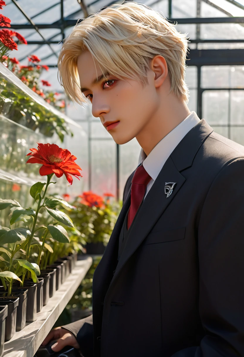 Extremely refined, Astonishing, Fine details, masterpiece, Extremely detailed, high resolution,Best Illustration Award, The best shadow,complex,Clear focus, high quality, 1 male, Solitary, blond. Red Eyes, Genshin Impact, Glass greenhouse, Potted flowers, Flowers for sale, Man looking at flowers, Flowers everywhere