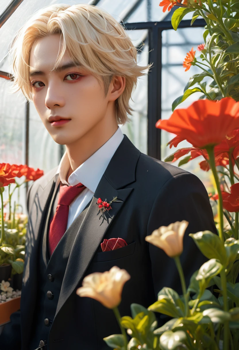 Extremely refined, Astonishing, Fine details, masterpiece, Extremely detailed, high resolution,Best Illustration Award, The best shadow,complex,Clear focus,  high quality, 1 male, Solitary, blond. Red Eyes, Genshin Impact, Glass greenhouse, Potted flowers, Flowers for sale, Man looking at flowers, Flowers everywhere