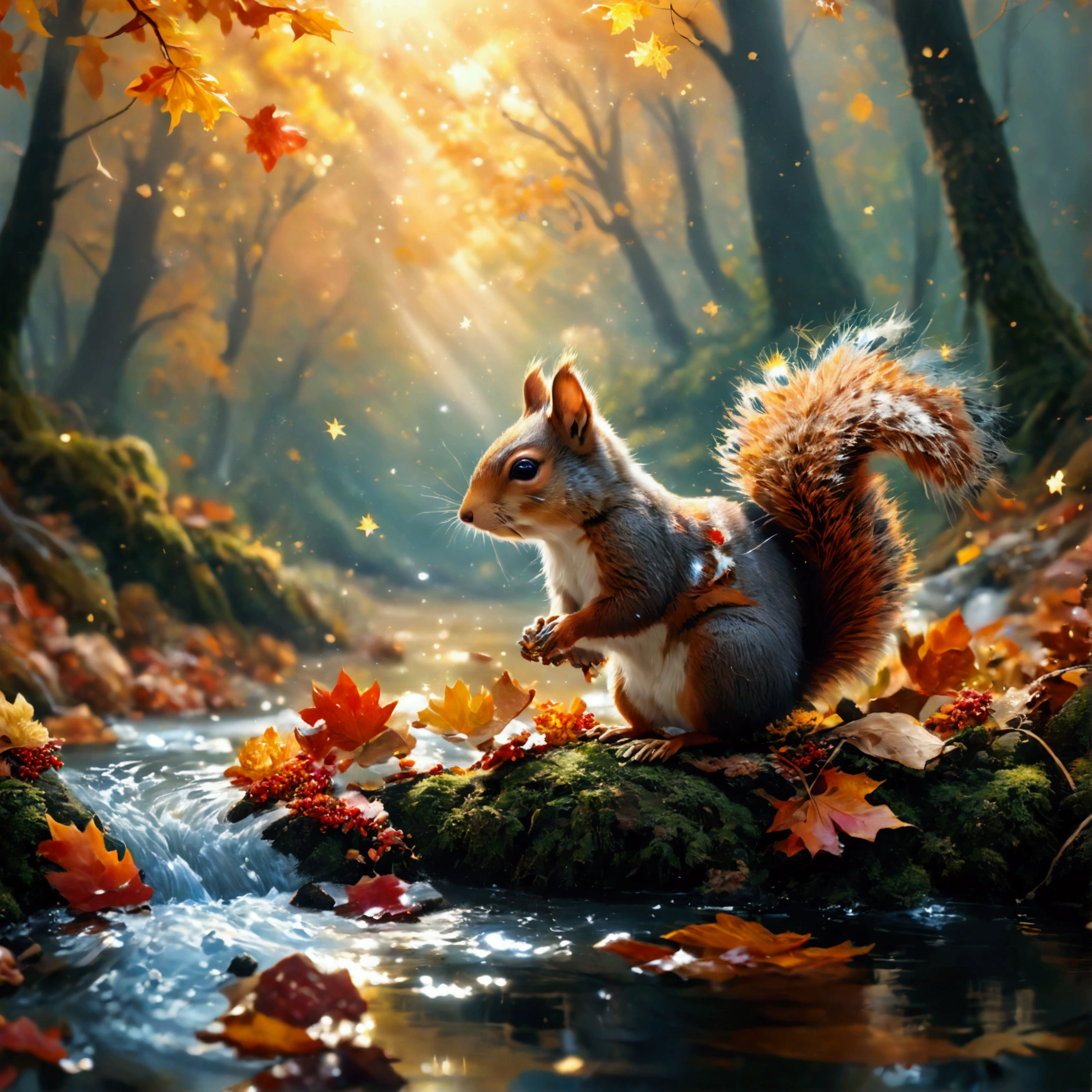 forest、Fantasy、Fantasy、nature、river、autumn、autumn leaves、star、Squirrel