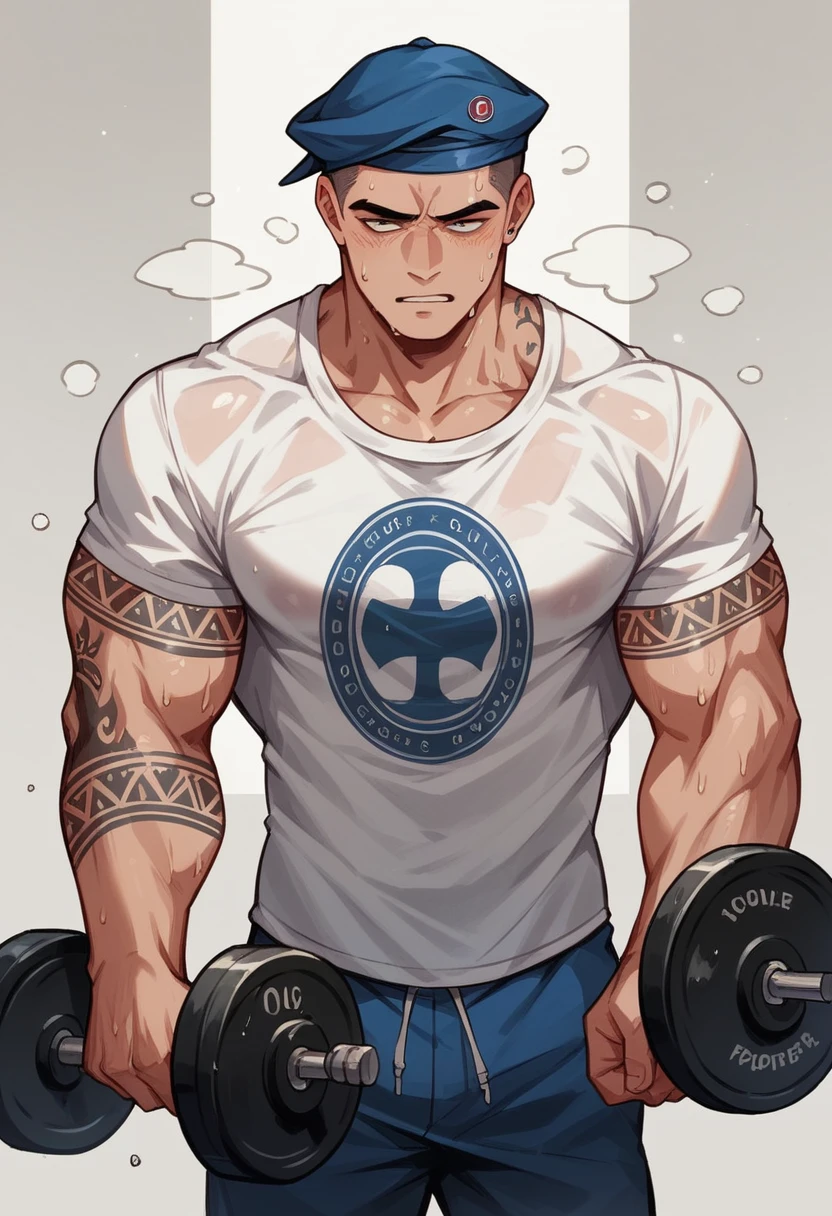 a caricature of a man resembling Popeye, tattooed biceps, sailor cap and t-shirt, doing weightlifting with weights, sweating profusely, acrylic, modern cartoon illustration,