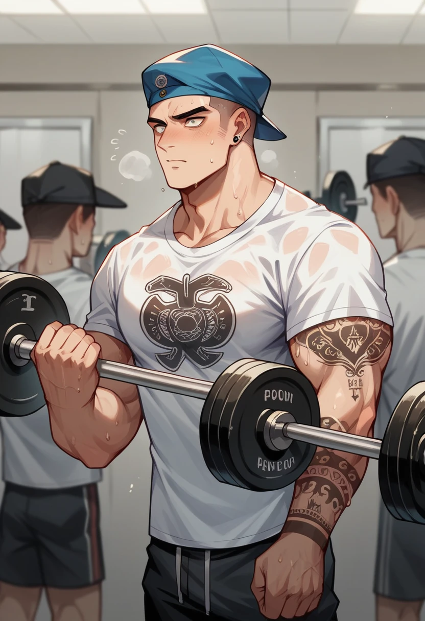  a caricature of a man resembling Popeye,  tattooed biceps, sailor cap and t-shirt, doing weightlifting with weights, sweating profusely, acrylic, modern cartoon illustration,