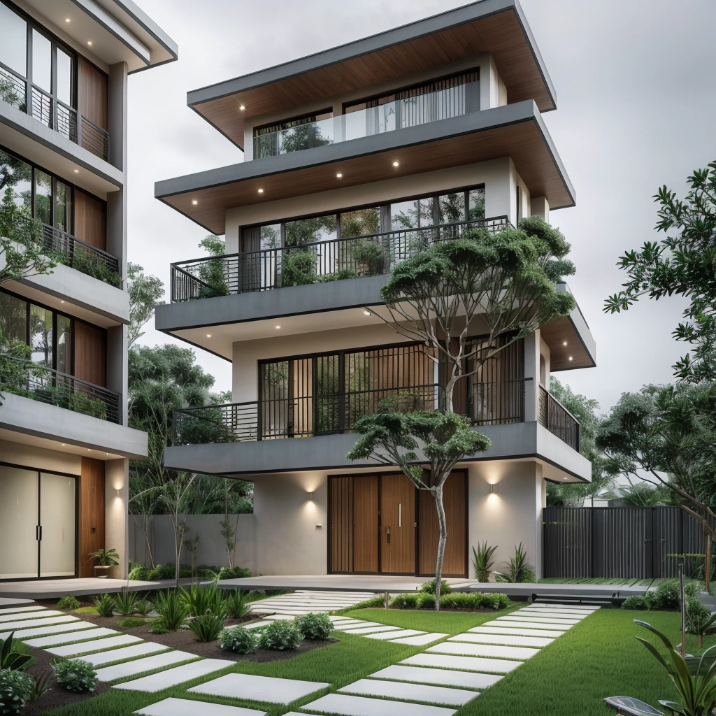 exterior of house, modern, townhouse, Modern house gate, minimalistic, the house is located in an urban area of Hanoi Vietnam, wall concrete gray and wood, facing the road, plant and tree, sidewalks, sidewalk trees, corona render, 3ds max, wide view, overcast sky, a moody foggy environment, sunny cinematic, natural light