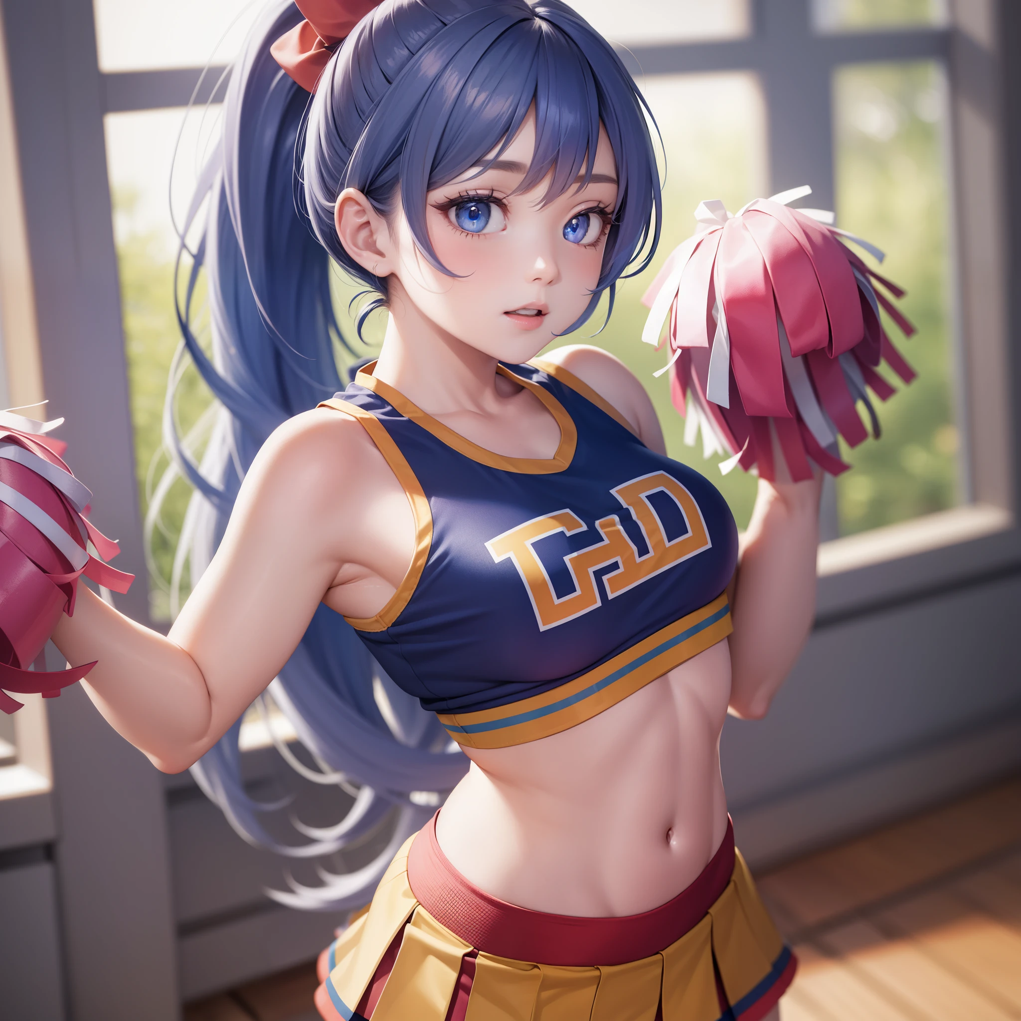 Highres, Masterpiece, Best quality at best,Best Quality,hight quality, hight detailed, 1girl, girl,  nejire hadou, blue eyes, blue hair, long hair,
BREAK cheerleader, crop top, midriff, sweat, navel, orange skirt, pink footwear,  (view from front), ponytail, skirt, (u.a. cheerleader uniform:1.5),
BREAK looking at viewer, upper body, close-up body, 
BREAK indoors, classroom,
BREAK (masterpiece:1.2), best quality, high resolution, unity 8k wallpaper, (illustration:0.8), (beautiful detailed eyes:1.6), extremely detailed face, perfect lighting, extremely detailed CG, (perfect hands, perfect anatomy),