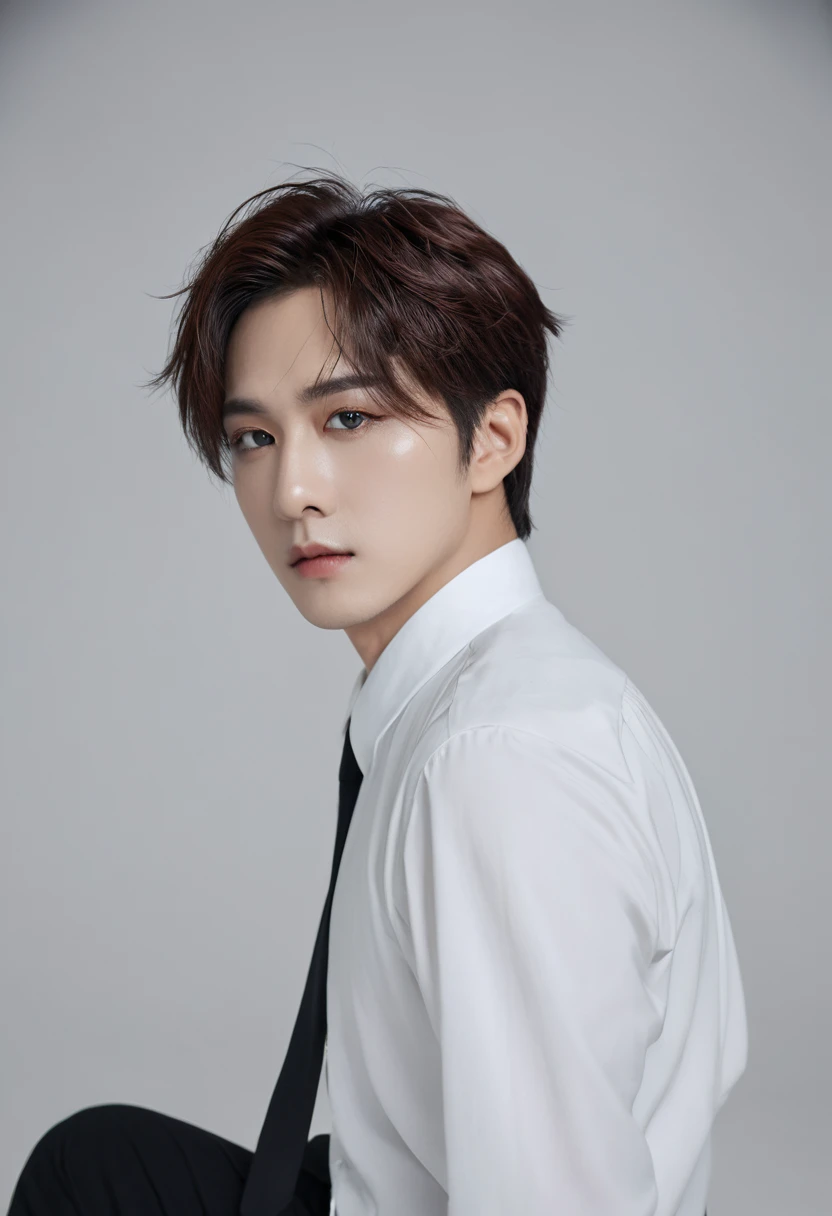 Official Art, Unity 8K wallpaper, Very detailed, beautiful, beautiful, masterpiece, best quality, White shirt, dark, atmosphere, mystery, crawl, literature, Art, Fashion, decorate, complex, Emotional Depth, supernatural,, 1 person, Solitary, male, (Korean idol face, Sharp eyeliner)